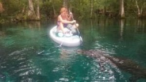 Девушка отбилась веслом от крупного аллигатора